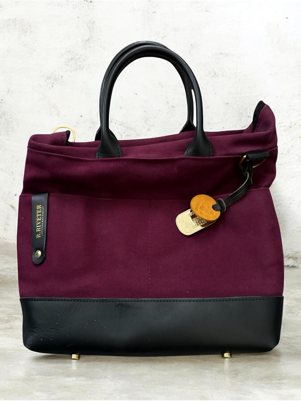 R. Riveter Plum Canvas Tote with Black Leather Trim